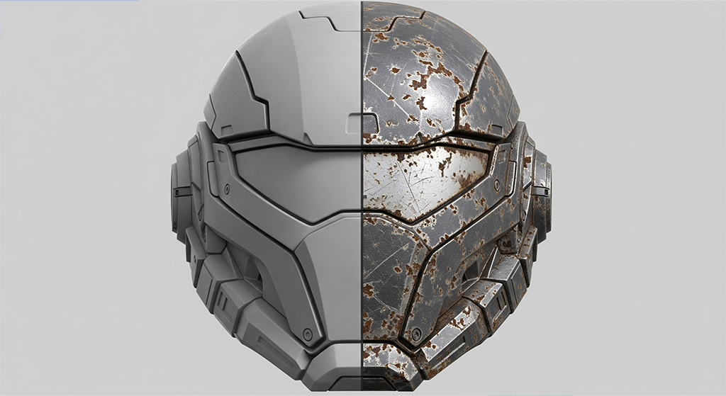 A side-by-side comparison showing the difference between a simple gray material and a complex, rusted smart material created with the MatPlus addon.


