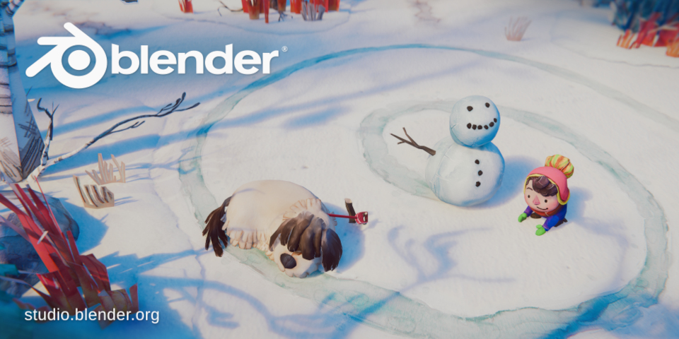 A cartoon winter scene created in Blender featuring a child, a snowman, and a sleeping dog.