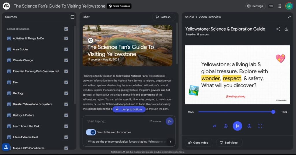 A screenshot of the Google NotebookLM interface in dark mode, showing a notebook about Yellowstone with a list of sources, a chat panel, and a 'Video Overview' slide presentation with playback controls.