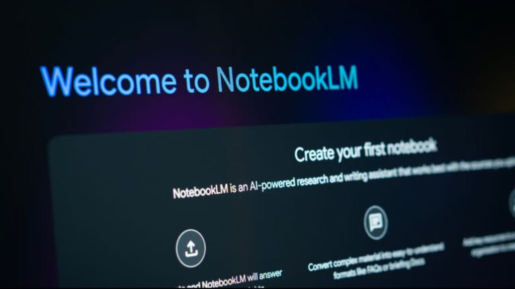 A close-up photo of a computer screen showing the welcome page of Google NotebookLM with the text "Welcome to NotebookLM" and a card prompting the user to "Create your first notebook."
