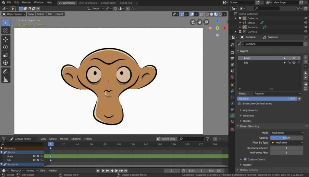 Screenshot of the Blender 2D Animation workspace showing a simple cartoon drawing of Suzanne the monkey in Grease Pencil.