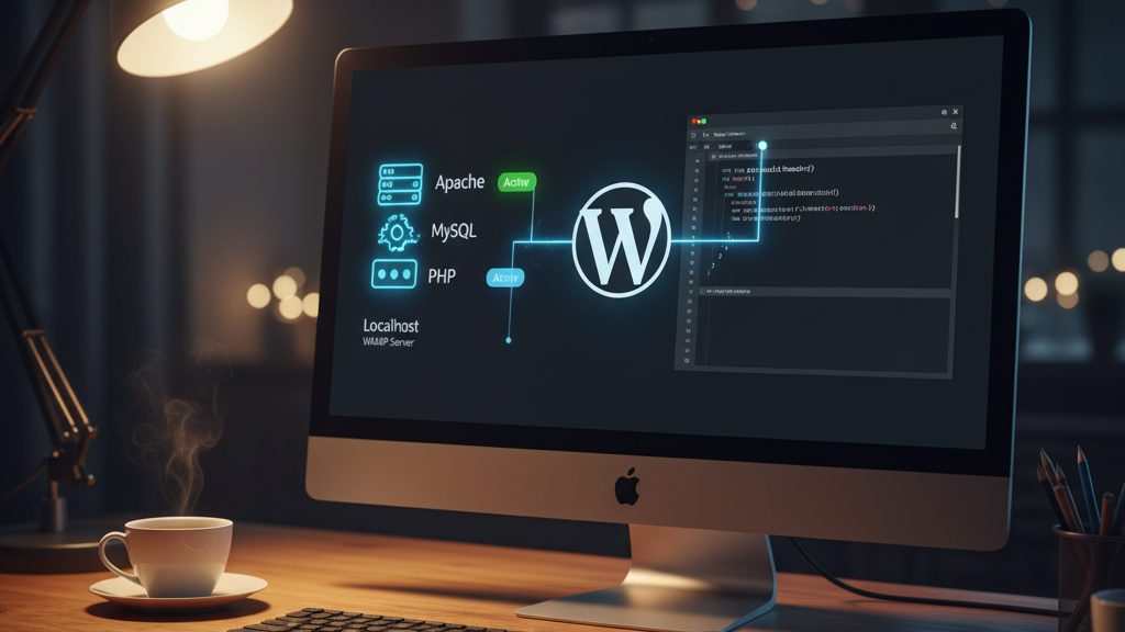 Digital representation of a WAMP local development environment with database structure and WordPress code.
