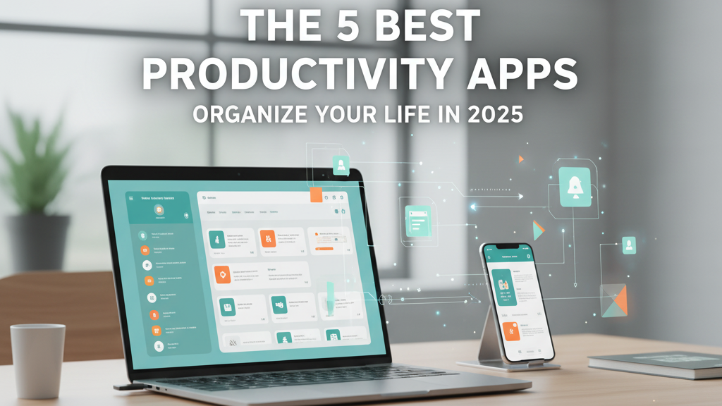 A clean and organized desktop workspace featuring a laptop and smartphone displaying various modern productivity app interfaces, symbolizing efficient work and digital organization.