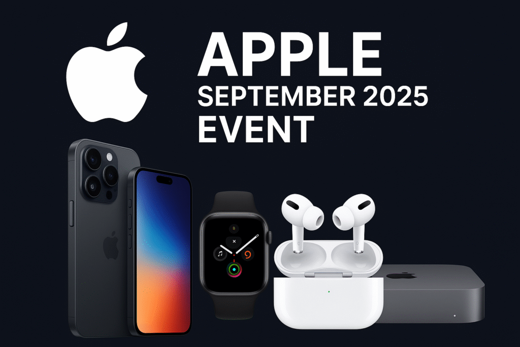 A clean, professional product shot of the new Apple devices for 2025, featuring the iPhone 17, Apple Watch Series 11, and new AirPods Pro arranged on a minimalist background.