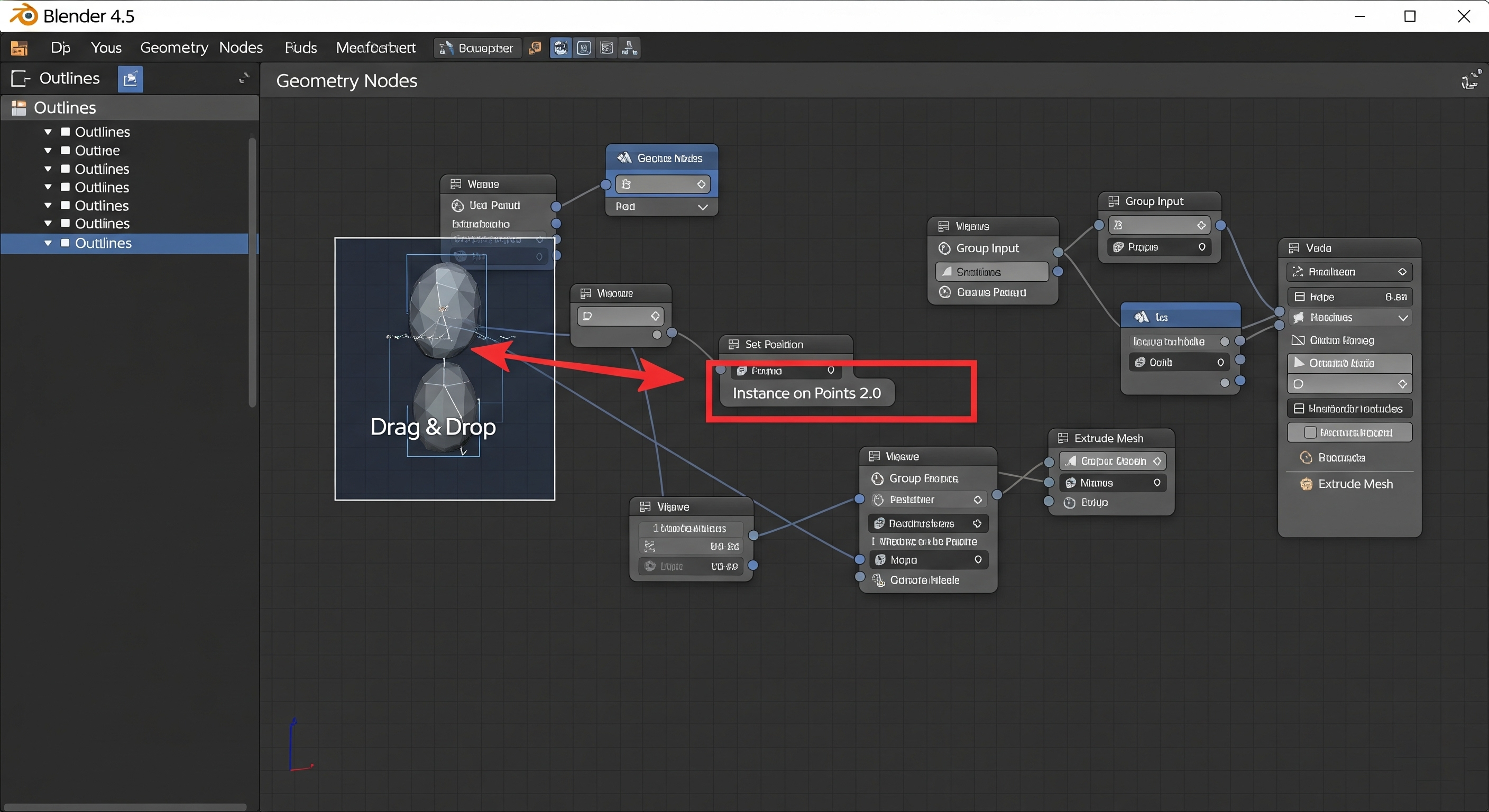 A screenshot of Blender's Geometry Nodes editor showing the new drag-and-drop feature and a node labeled "Instance on Points 2.0" in a node tree.