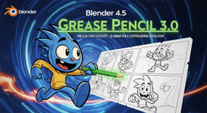 A vibrant, digital art-style cover for an article about Blender 4.5's Grease Pencil 3.0. A cartoon blue character is shown sketching on a storyboard with a glowing green pencil.