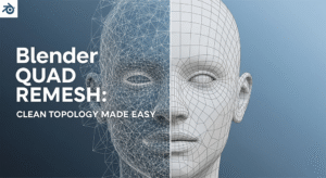 A promotional image for a Blender tutorial. The image is split down the middle of a 3D model of a human head. The left side shows a chaotic, high-polygon mesh with many triangular faces, while the right side shows a clean, organized mesh composed entirely of four-sided polygons (quads). The text "Blender QUAD REMESH: CLEAN TOPOLOGY MADE EASY" is overlaid on the left side of the image. The Blender logo is in the top left corner.