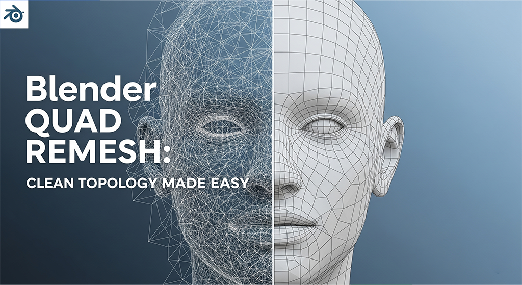 A promotional image for a Blender tutorial. The image is split down the middle of a 3D model of a human head. The left side shows a chaotic, high-polygon mesh with many triangular faces, while the right side shows a clean, organized mesh composed entirely of four-sided polygons (quads). The text "Blender QUAD REMESH: CLEAN TOPOLOGY MADE EASY" is overlaid on the left side of the image. The Blender logo is in the top left corner.