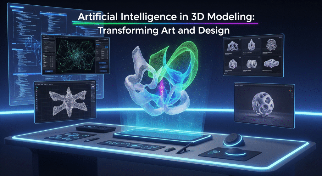 A futuristic workspace with a large, glowing hologram of a complex 3D model, surrounded by multiple screens showing different stages of AI-powered design.