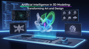 A futuristic workspace with a large, glowing hologram of a complex 3D model, surrounded by multiple screens showing different stages of AI-powered design.