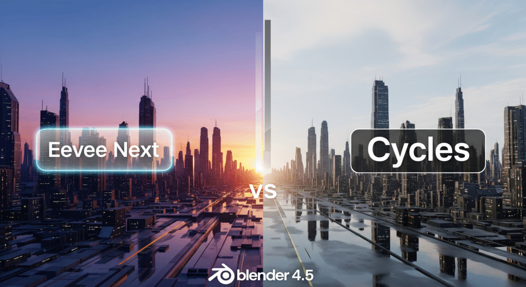 A split image comparing the visual styles of Eevee Next and Cycles render engines in Blender 4.5, showcasing a futuristic city at sunset/sunrise on the Eevee Next side and a more realistically lit, slightly overcast city on the Cycles side. The Blender 4.5 logo is at the bottom.