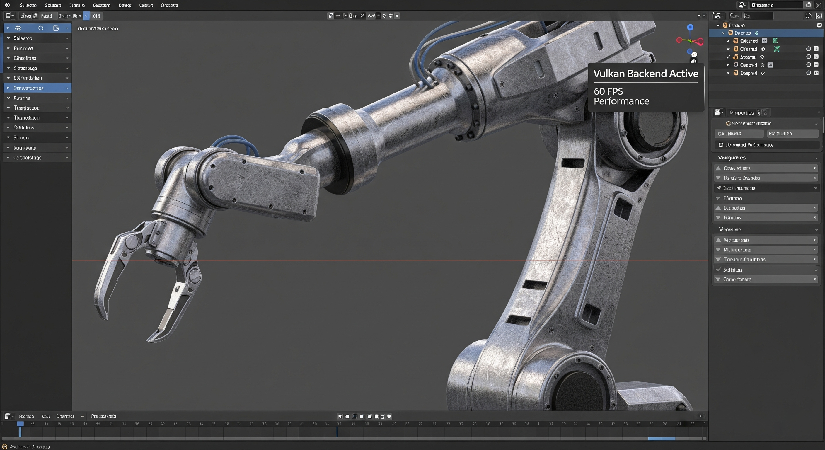 A 3D model of a detailed robotic arm rendered within the Blender viewport, with an overlay indicating "Vulkan Backend Active" and "60 FPS Performance".