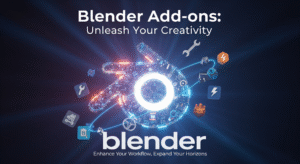 Stylized Blender logo with glowing elements and add-on icons floating around it, title "Blender Add-ons: Unleash Your Creativity" above, and "blender Enhance Your Workflow, Expand Your Horizons" below.