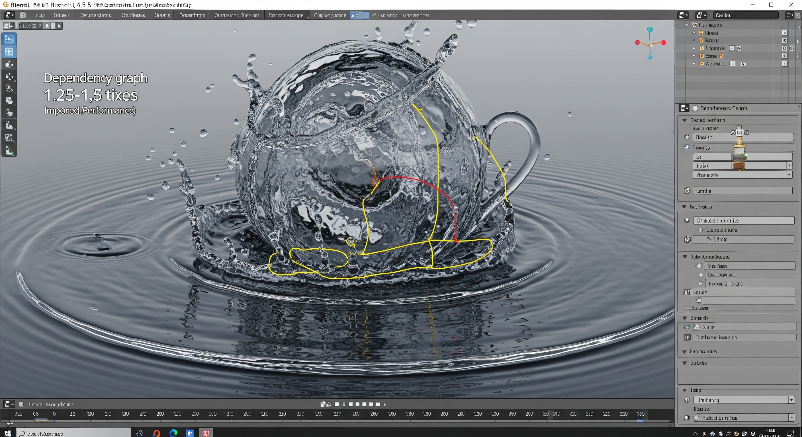 A 3D render from Blender 4.5 showing a realistic liquid simulation with water splashing around a glass teacup, with text overlays indicating "Dependency graph 1.25-1.5 times Improved performance".