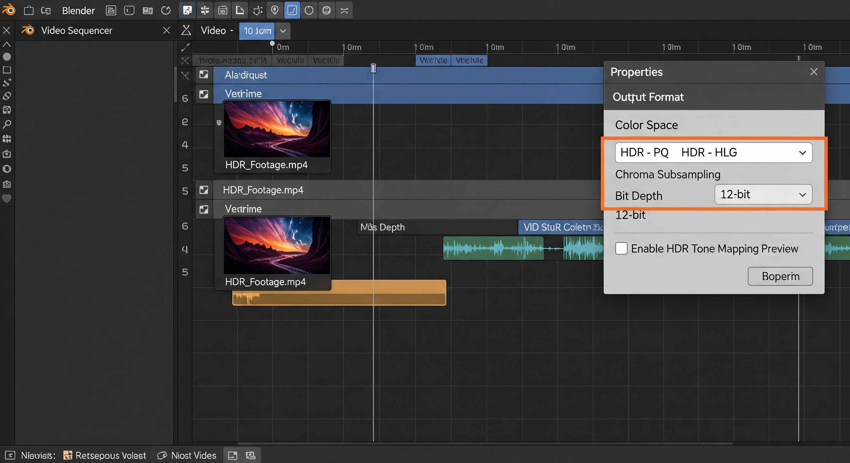 A screenshot of the Blender 4.5 Video Sequencer, with a pop-up menu showing new "Output Format" options for HDR, including "HDR - PQ" and "HDR - HLG" color spaces and "12-bit" bit depth.