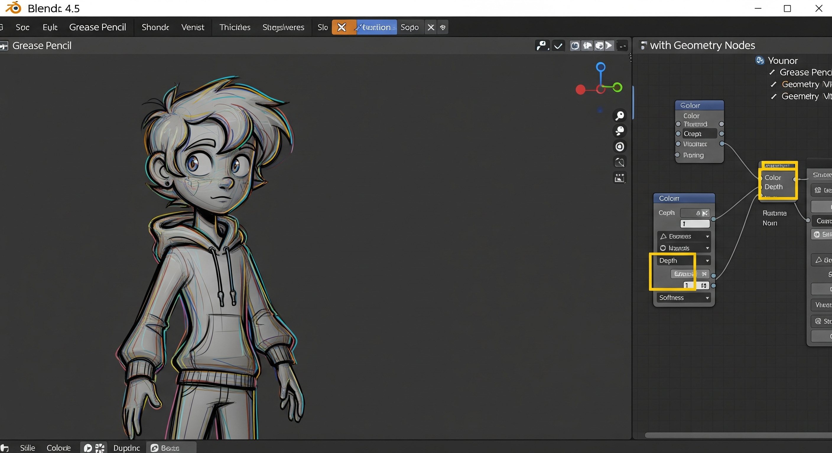 A screenshot from Blender 4.5 showing a cartoon character drawn with Grease Pencil, with the Geometry Nodes editor open on the right, demonstrating how nodes control the drawing's color and depth.