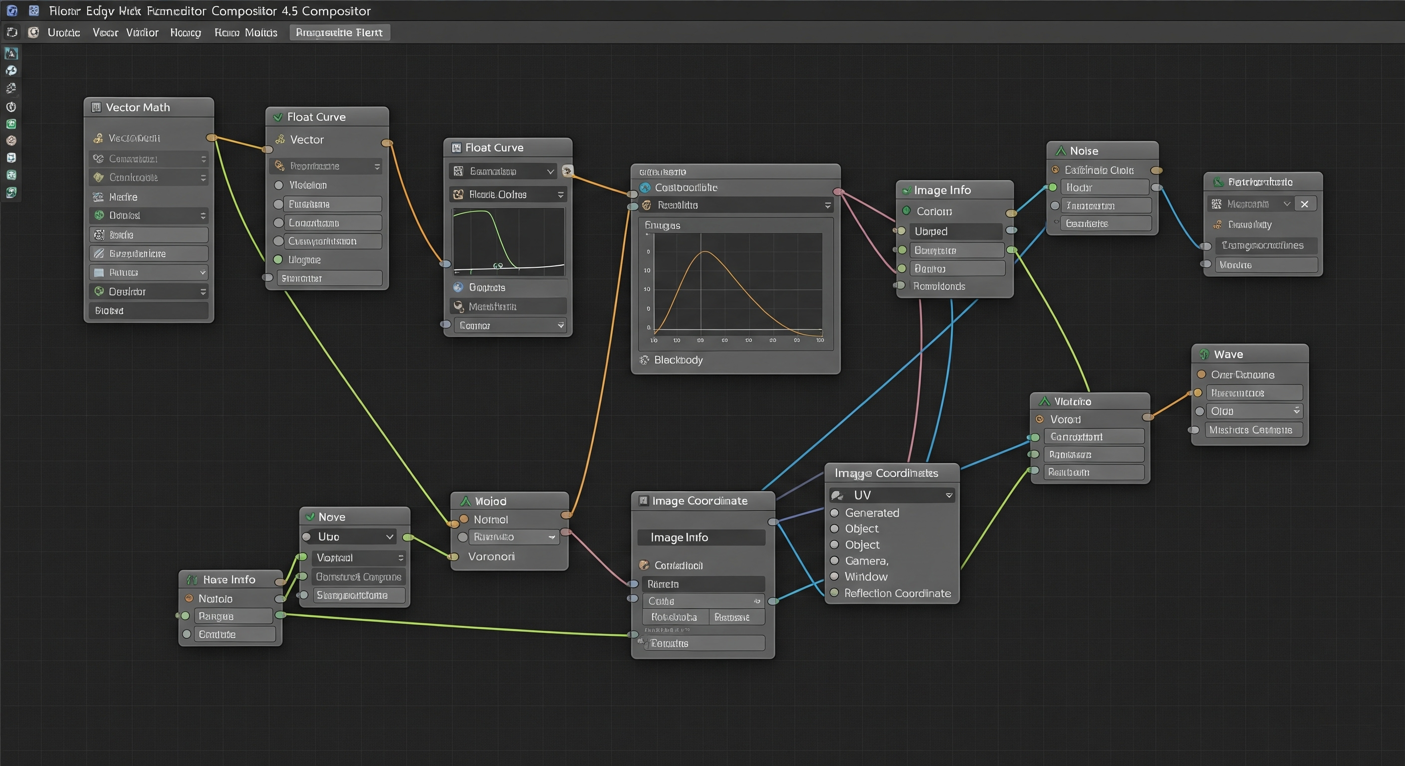 A screenshot of the Blender 4.5 Compositor editor, displaying a network of new nodes including Vector Math, Float Curve, Blackbody, and various procedural texture nodes.