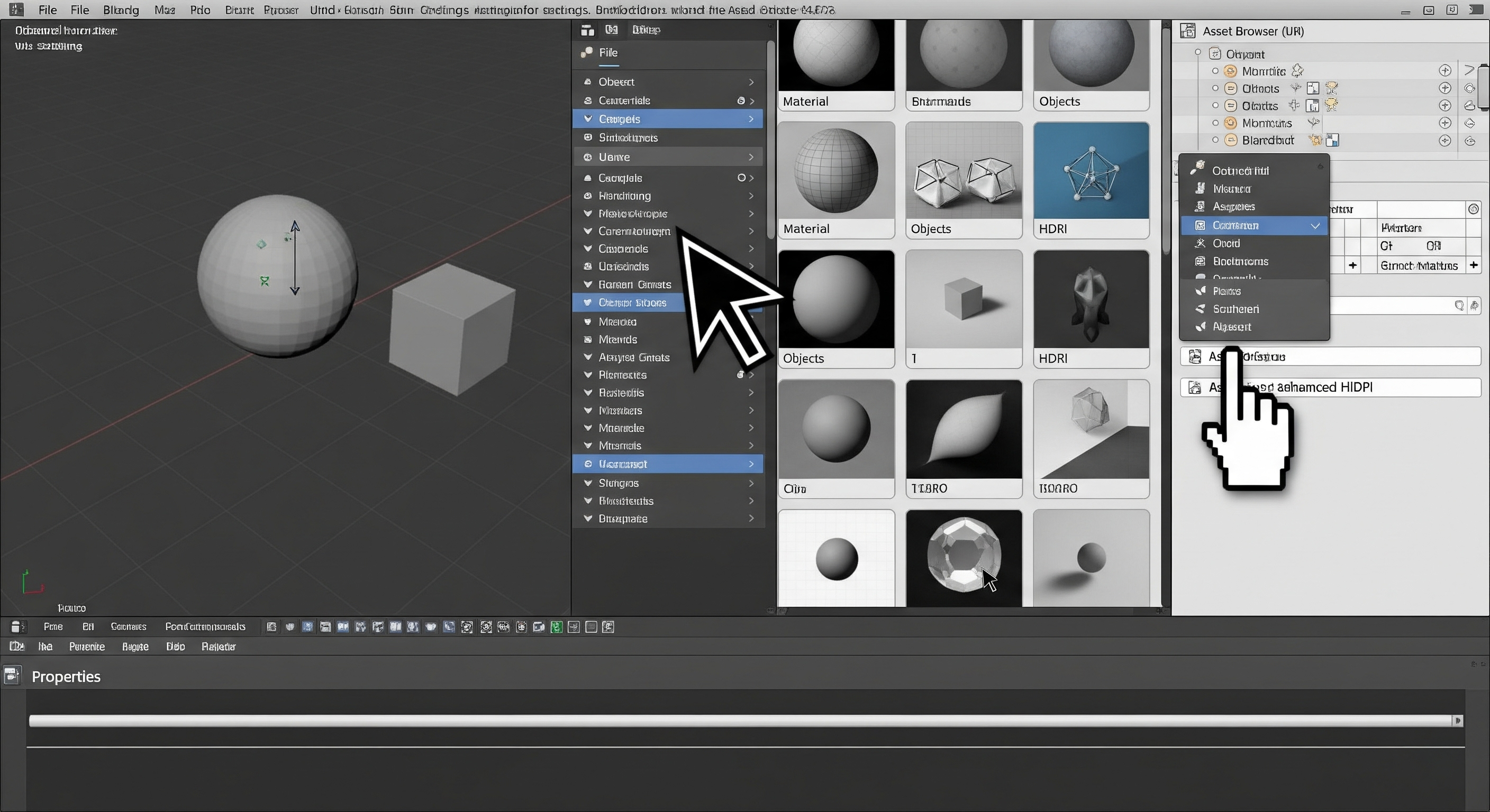 A screenshot of the Blender 4.5 interface showing the improved Asset Browser with large thumbnail previews, a larger cursor for HiDPI displays, and reorganized menus.