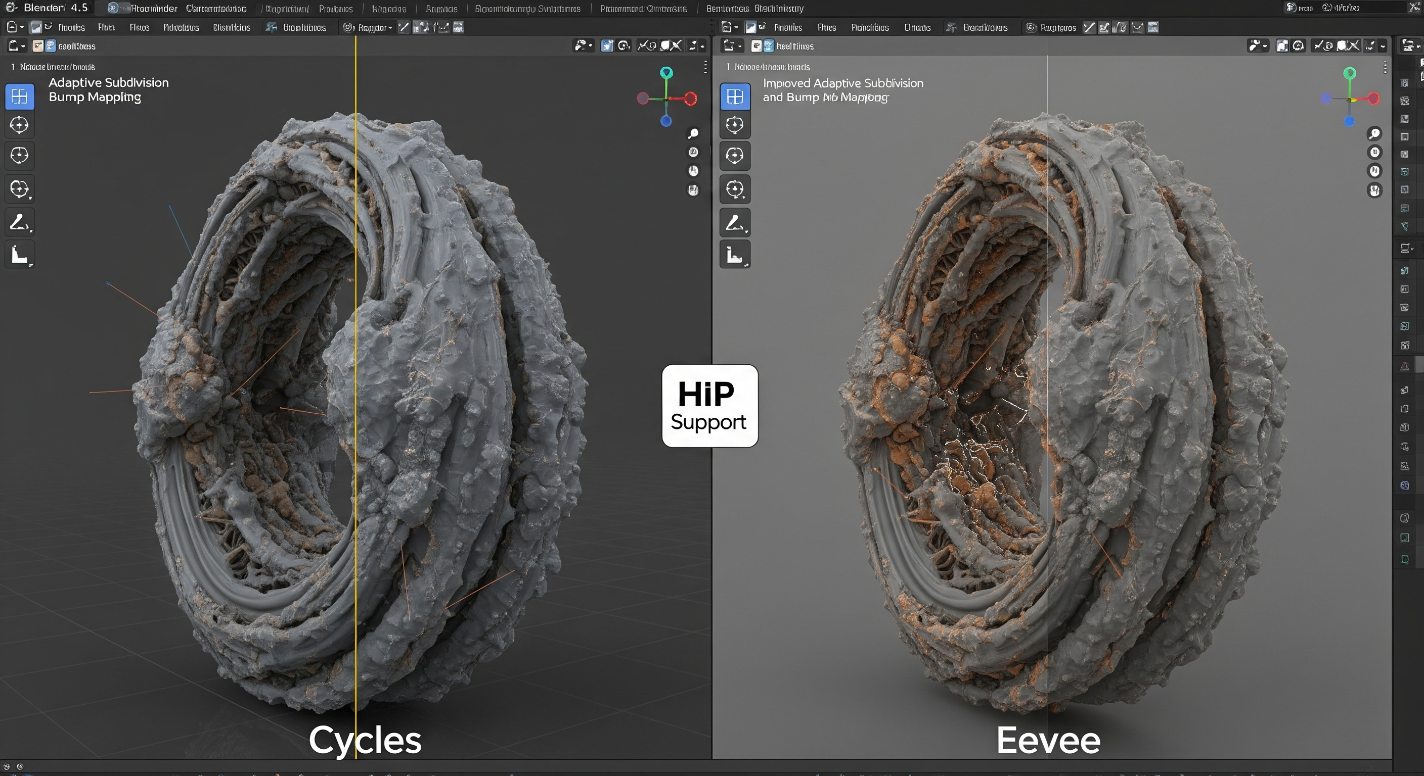 A side-by-side comparison in Blender 4.5 showing a complex, organic model rendered in Cycles (left) and Eevee (right), highlighting the quality of Adaptive Subdivision and bump mapping in both engines, with a "HIP Support" logo in the center.