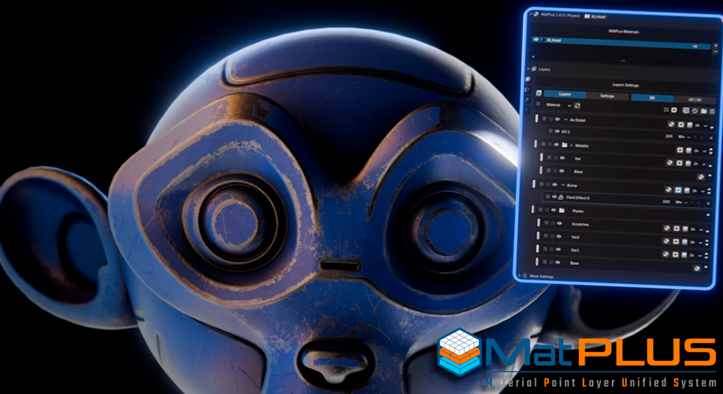 A close-up render of Blender's Suzanne monkey head with a distressed metallic texture, showcasing the MatPlus addon's UI and logo.