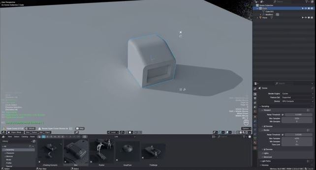 A screenshot of the Blender interface showing a simple, white hard-surface model with a face and a hole on a gray plane, casting a soft shadow.