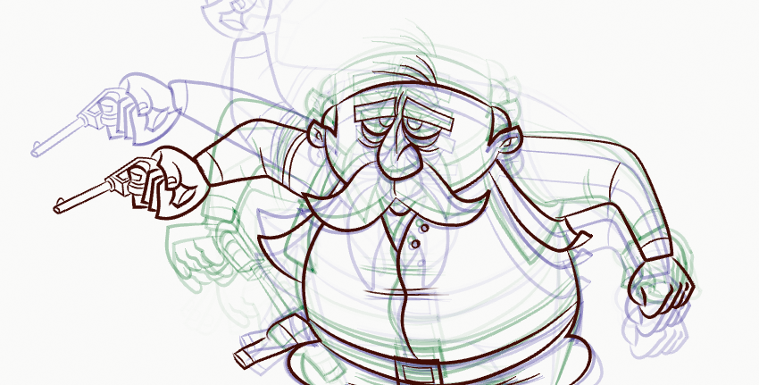 Line art animation sketch showing the motion of a cartoon character with a large mustache holding a gun. Onion skinning effect is visible.