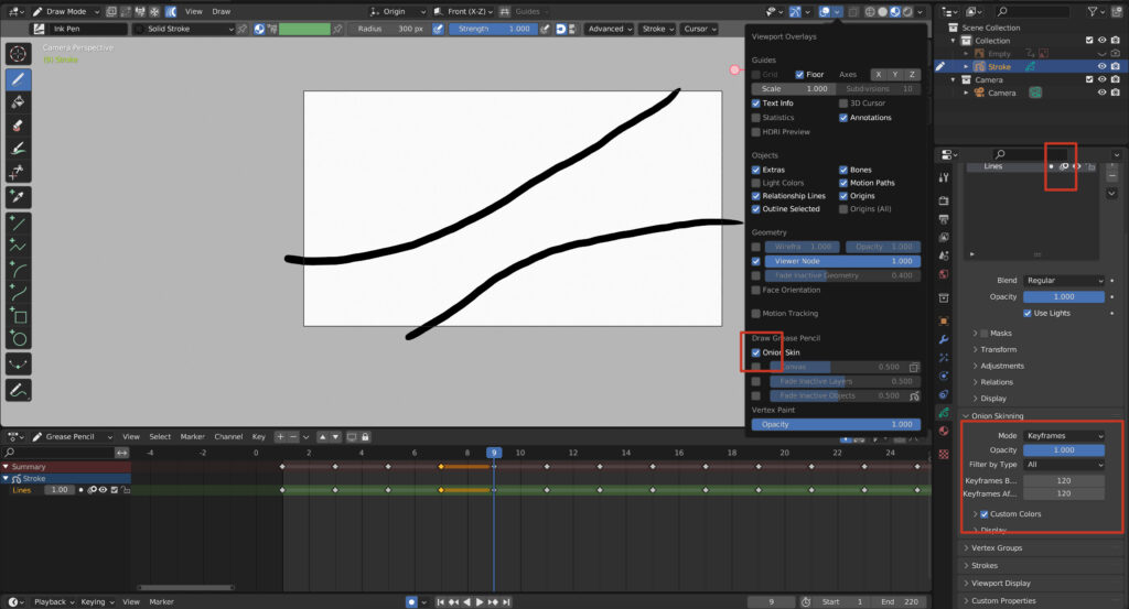 Blender interface showing the Onion Skinning settings and active layers for Grease Pencil with two simple black lines drawn in the viewport.