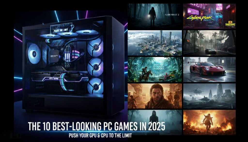 A high-end gaming PC with an RTX 4080 and a Ryzen 9 CPU, showcasing screenshots from graphically demanding games like Cyberpunk 2077, Alan Wake 2, and Forza Motorsport.