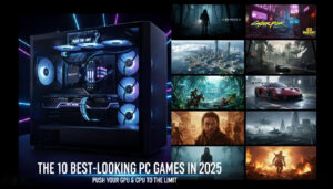 A high-end gaming PC with an RTX 4080 and a Ryzen 9 CPU, showcasing screenshots from graphically demanding games like Cyberpunk 2077, Alan Wake 2, and Forza Motorsport.