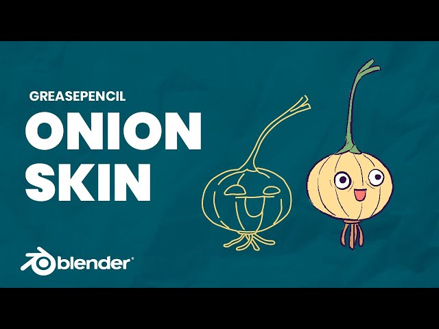 YouTube thumbnail for a Blender tutorial on Grease Pencil Onion Skinning, featuring two animated onion characters.