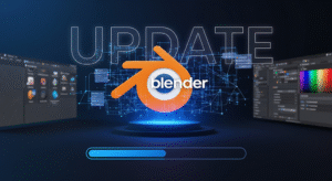 Alt Text A futuristic graphic for a Blender software update, featuring the iconic Blender logo at the center. Glowing blue lines radiate from the logo, connecting it to two screens in the background. The left screen displays a file browser, suggesting file management or installation, while the right screen shows a color editor and parts of a user interface, indicating new features or customization. A large, stylized text that reads "UPDATE" hovers above the Blender logo. Below, a progress bar, partially filled with blue, symbolizes the ongoing update process. The background is a dark, high-tech environment with subtle geometric patterns.