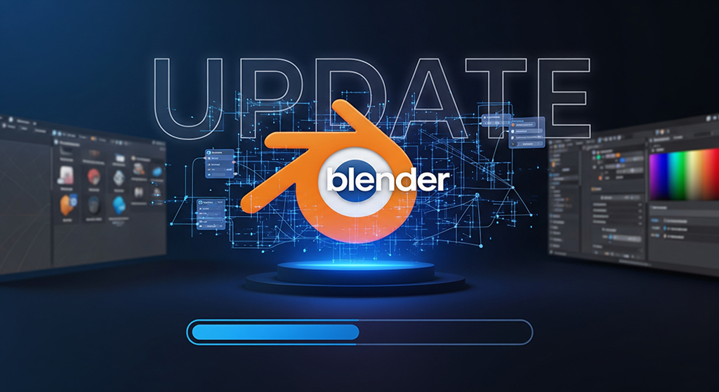 Alt Text A futuristic graphic for a Blender software update, featuring the iconic Blender logo at the center. Glowing blue lines radiate from the logo, connecting it to two screens in the background. The left screen displays a file browser, suggesting file management or installation, while the right screen shows a color editor and parts of a user interface, indicating new features or customization. A large, stylized text that reads "UPDATE" hovers above the Blender logo. Below, a progress bar, partially filled with blue, symbolizes the ongoing update process. The background is a dark, high-tech environment with subtle geometric patterns.