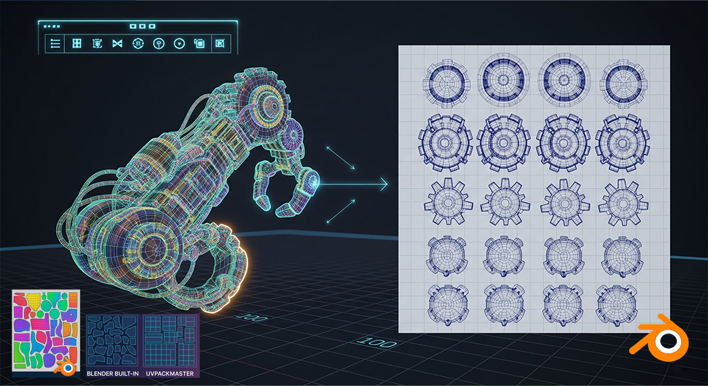 A 3D model of a robotic arm, shown as a wireframe, next to its UV unwrap layout which contains multiple circular gear-like shapes. The background is a dark grid and logos for Blender and UVPackmaster are visible at the bottom.