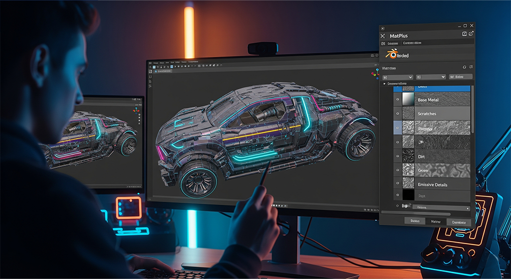 A 3D artist uses the MatPlus addon in Blender to texture a futuristic car, with the addon's layer-based workflow visible on the screen.