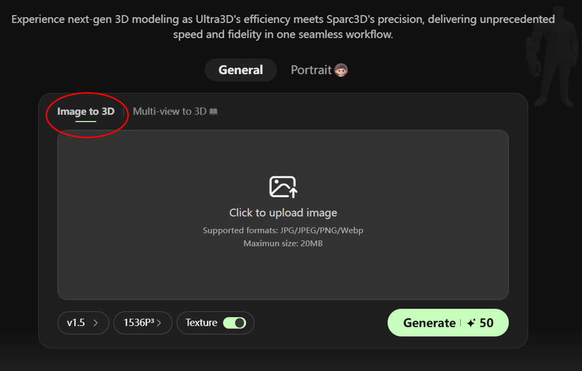 A screenshot of a dark-mode 3D modeling application interface with the 'Image to 3D' function highlighted. It shows the image upload area, supported formats (JPG/JPEG/PNG/Webp), maximum size (20MB), and generation settings (v1.5, 1536P³, Texture toggle).