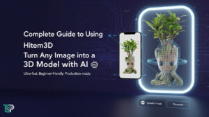 Promotional cover image for a guide on Hitem3D, showing a smartphone with a Baby Groot plant image next to a holographic 3D wireframe model of the same object, illustrating 2D to 3D AI conversion.