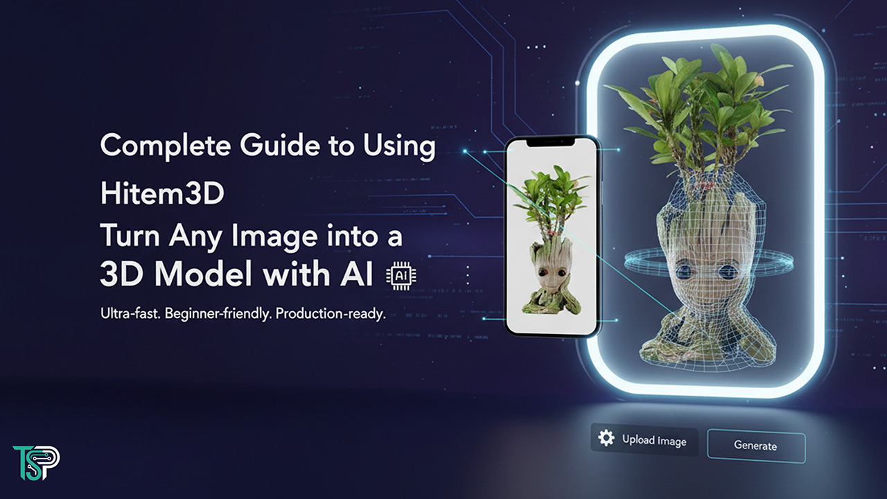 Promotional cover image for a guide on Hitem3D, showing a smartphone with a Baby Groot plant image next to a holographic 3D wireframe model of the same object, illustrating 2D to 3D AI conversion.