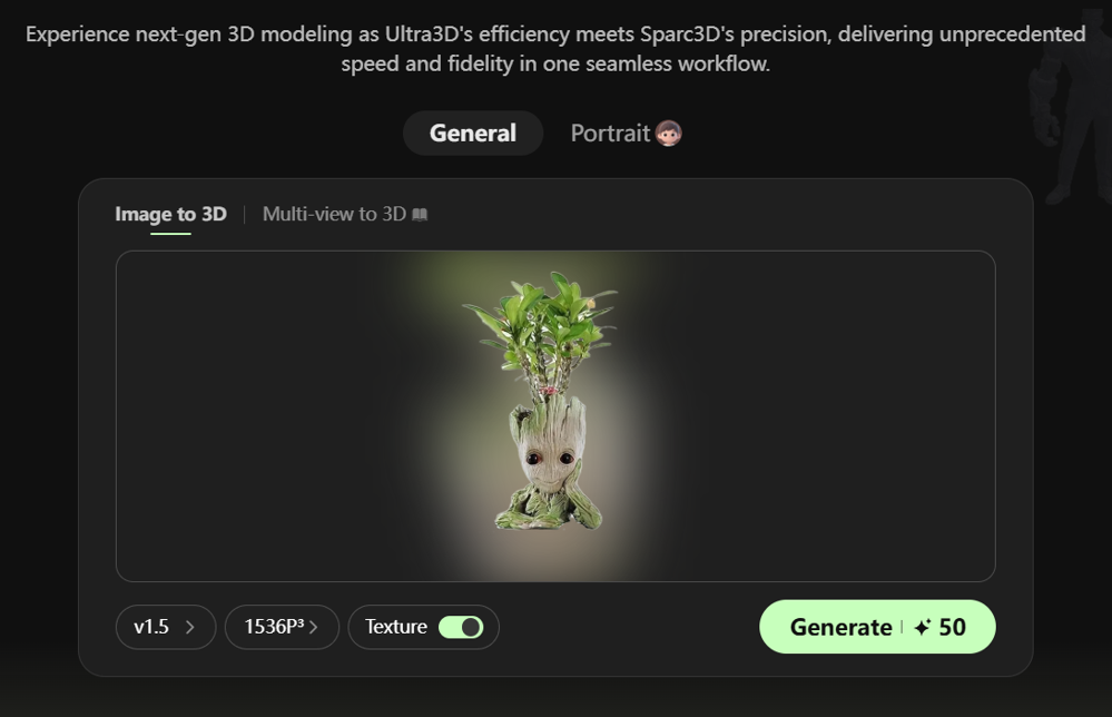 A dark-mode 3D modeling interface showing a user-uploaded image of a small potted plant in a "Baby Groot" style planter under the 'Image to 3D' tab, ready for generation.