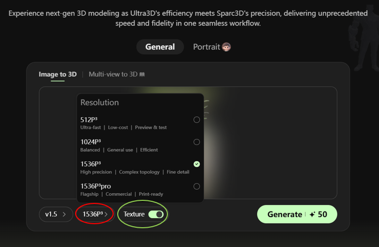 Screenshot of a dark-mode 3D modeling interface showing a dropdown menu for 'Resolution' settings. The '1536P³' option, described as 'High precision