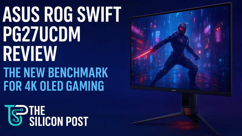 ASUS ROG Swift PG27UCDM 4K OLED gaming monitor on a neon-lit desk setup with glowing screen and futuristic lighting