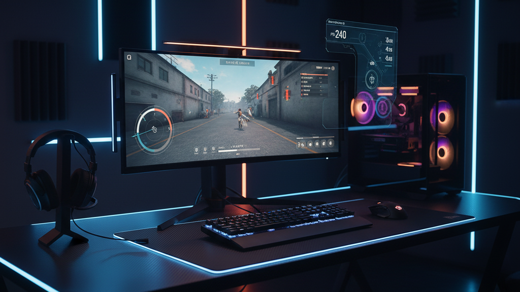A futuristic 16:9 monitor displaying a competitive game user interface, flanked by a gaming mouse, headset, and keyboard on a dark desktop, symbolizing high-performance optimization.