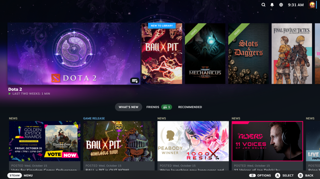 Screenshot of the SteamOS Big Picture Mode user interface showing the game library on a TV screen.