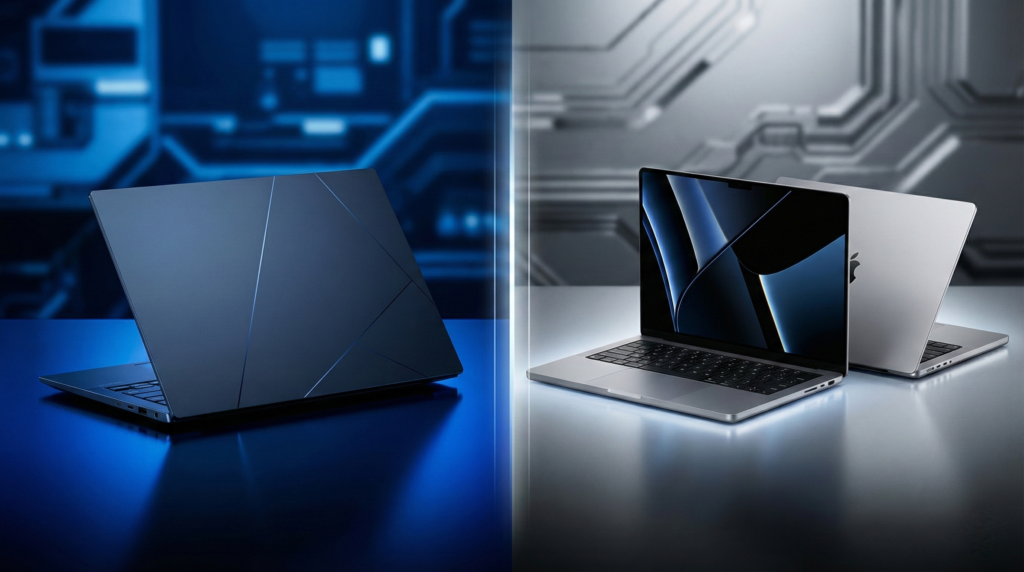 Split screen comparison showing the Asus Zenbook 14 OLED in blue next to the silver MacBook Pro M4, representing the best laptops of 2026.