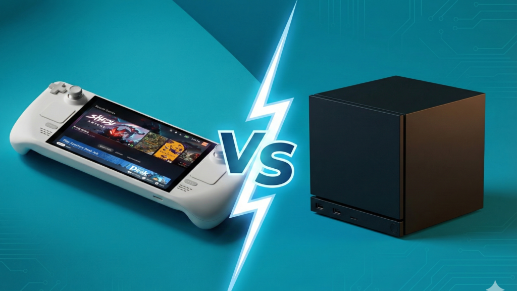 Comparison header showing a white Steam Deck OLED next to a black, cube-shaped Valve Steam Machine concept console, separated by a 'VS' lightning bolt.
