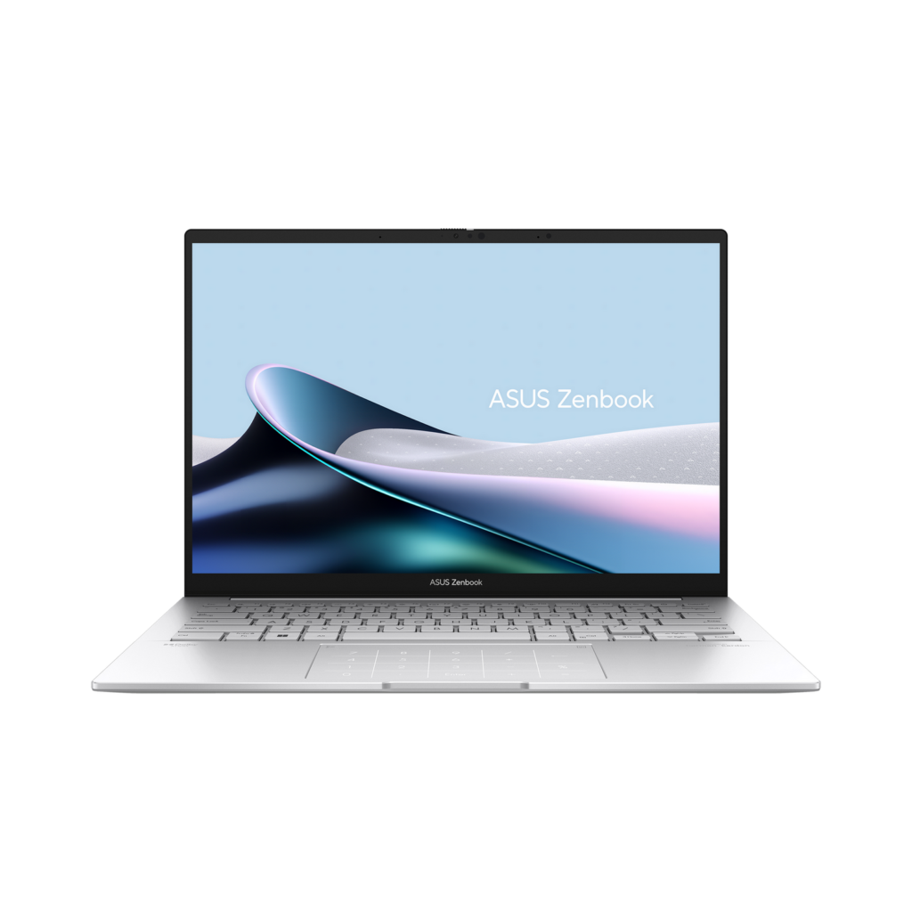 Front view of the ASUS Zenbook 14 OLED in Foggy Silver showing the 3K display and thin bezels.