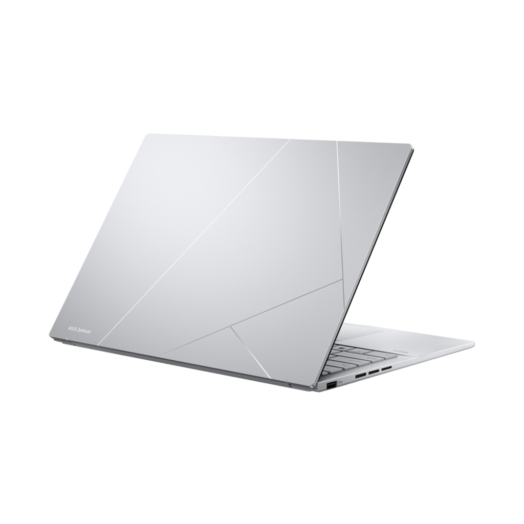 Rear view of the ASUS Zenbook 14 OLED showing the signature geometric line pattern on the lid.