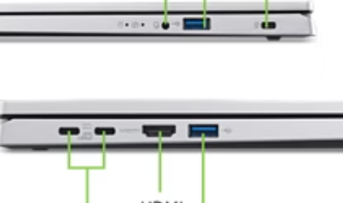 Side view of the Acer Aspire Go 15 showing USB-C, HDMI, and USB-A ports.