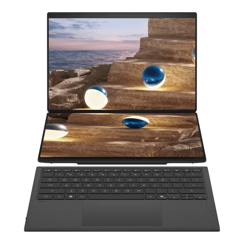 Front view of the ASUS Zenbook Duo with both 14-inch OLED screens active and the magnetic keyboard detached.
