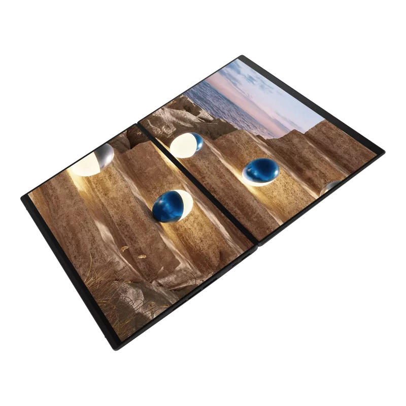 ASUS Zenbook Duo lying completely flat showing the continuous wallpaper across both OLED displays.