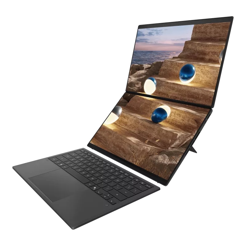 Side angle view showing the built-in kickstand supporting the Zenbook Duo in dual-screen mode.